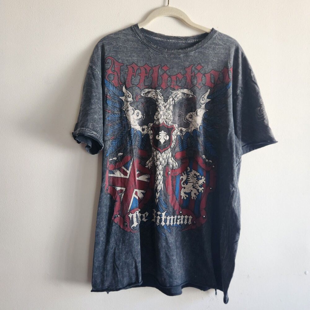 Affliction "The Hitman" Graphic T-Shirt XL Distressed grunge trash Y2K Grey Blac